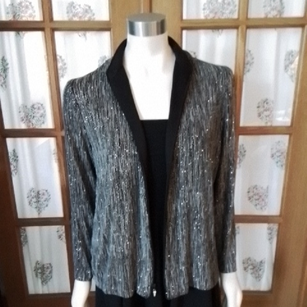 Alex Evenings Black and Silver And Sequins Long-sleeve Dressy Jacket, Size L.